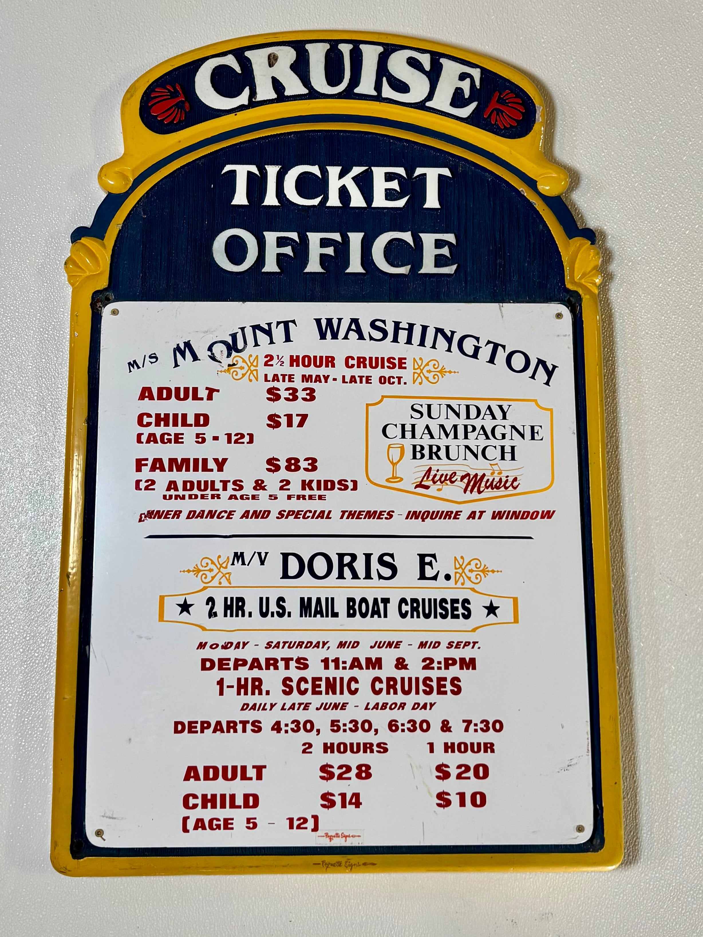 M/S Mount Washington and M/V Doris E. Ticket Price Sign